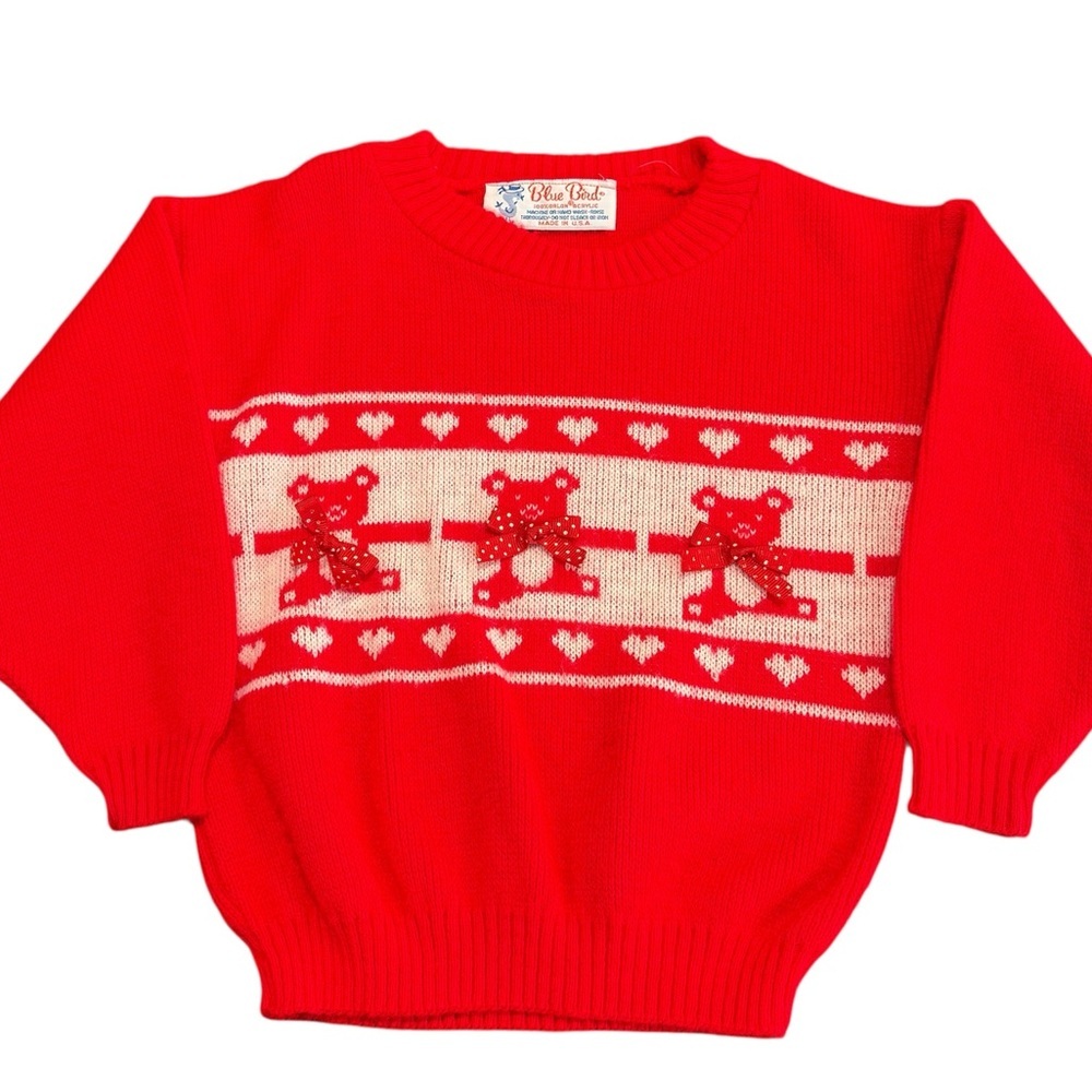 Vintage 3T sweater girls bears bows red 90s USA made chunky